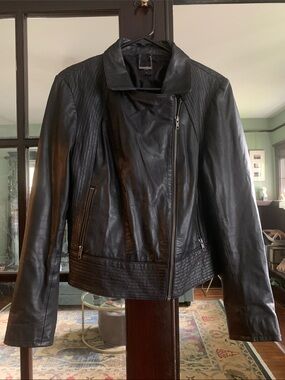 Oasis Black Leather Quilted Panel Asymmetrical Zip Jacket